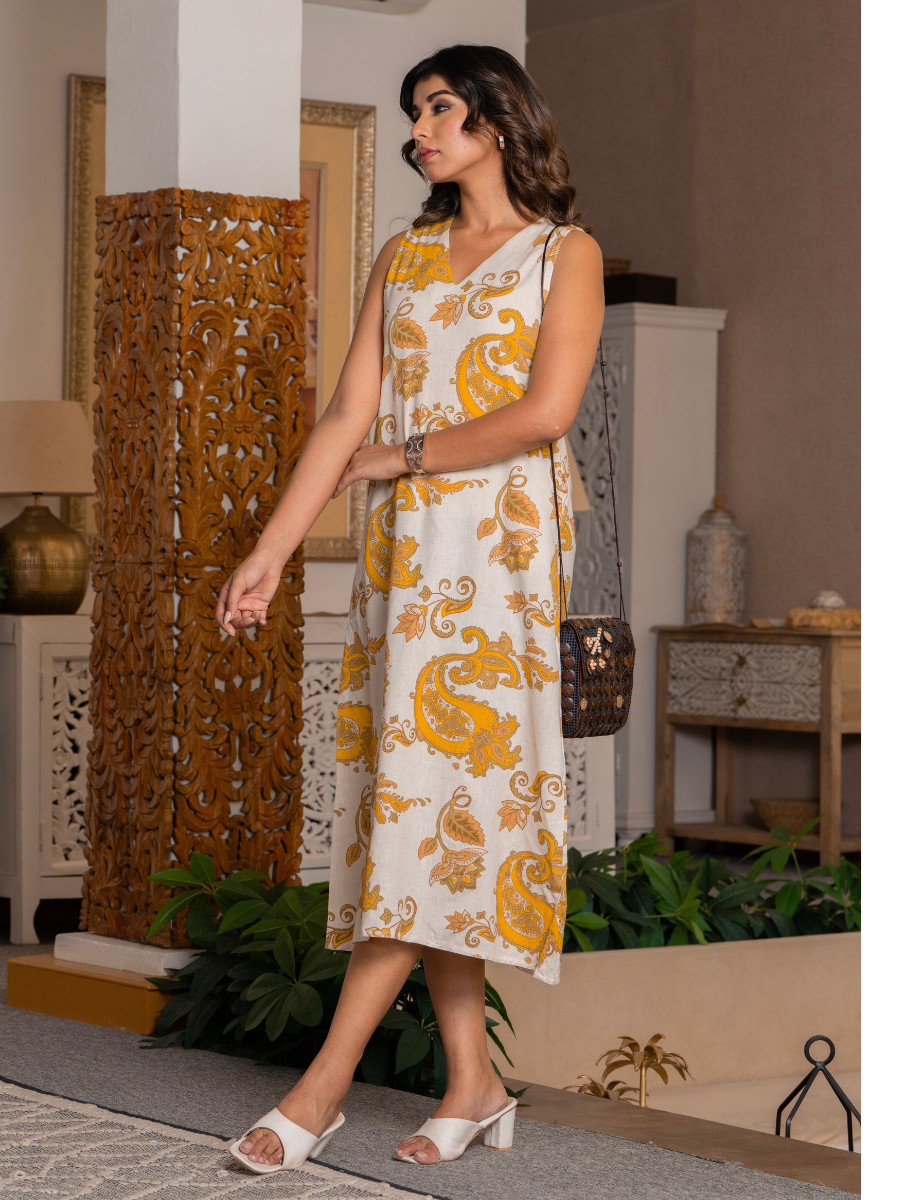 Ivory & Mustard Sleeveless Linen Cotton Dress – Blooming Paisley Elegance